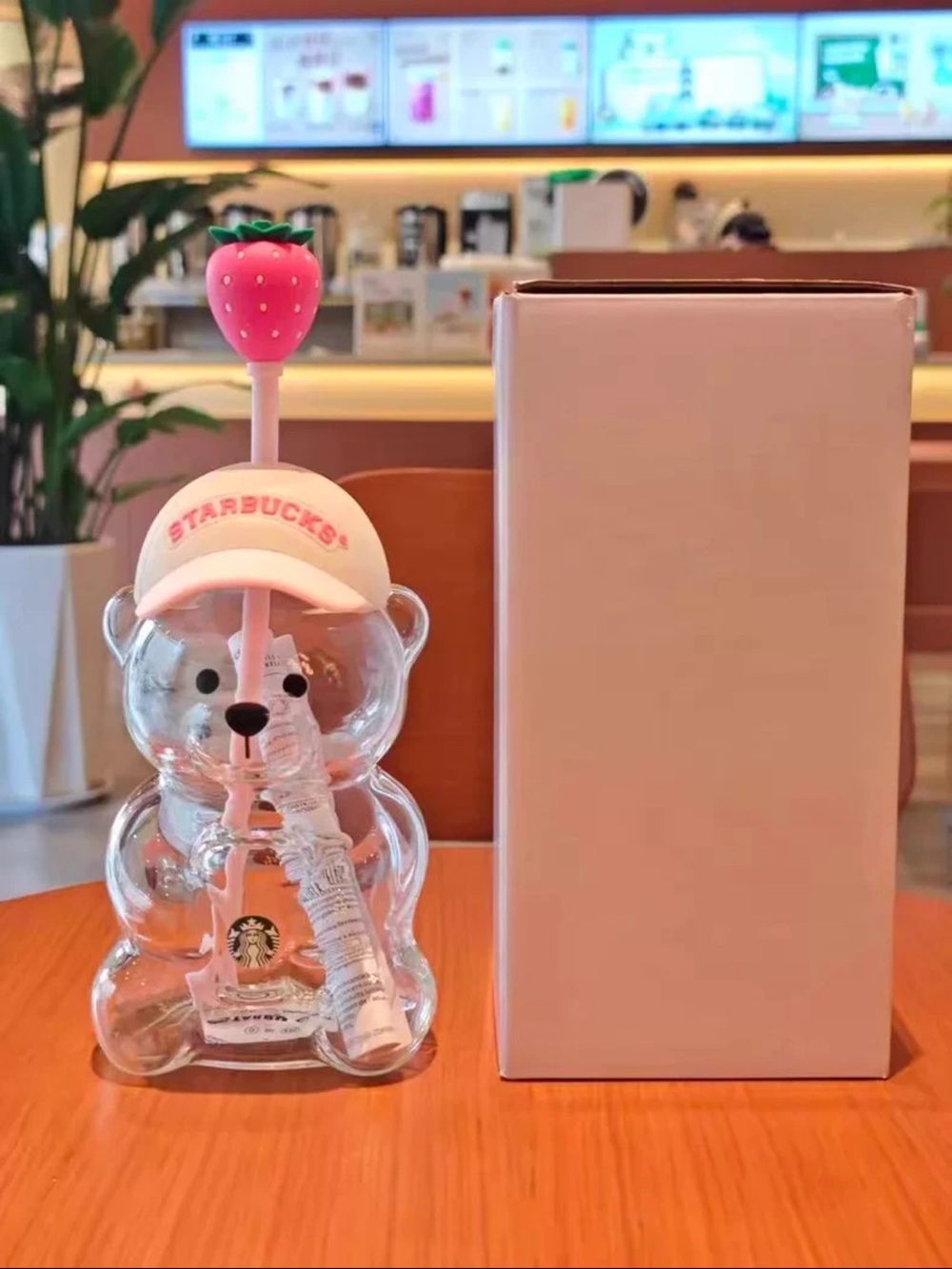 Starbucks Clear Bear Bottle with Pink Straw and Strawberry Cap